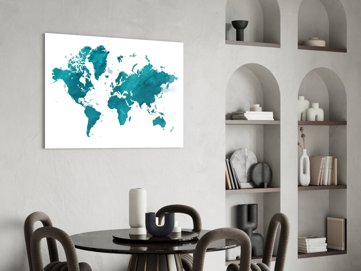 Teal Watercolor World Map Glass Wall Art