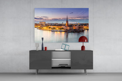 Stockholm Blue Dusk Waterfront Skyline Glass Wall Art
