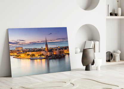 Stockholm Blue Dusk Waterfront Skyline Glass Wall Art