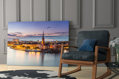 Stockholm Blue Dusk Waterfront Skyline Glass Wall Art