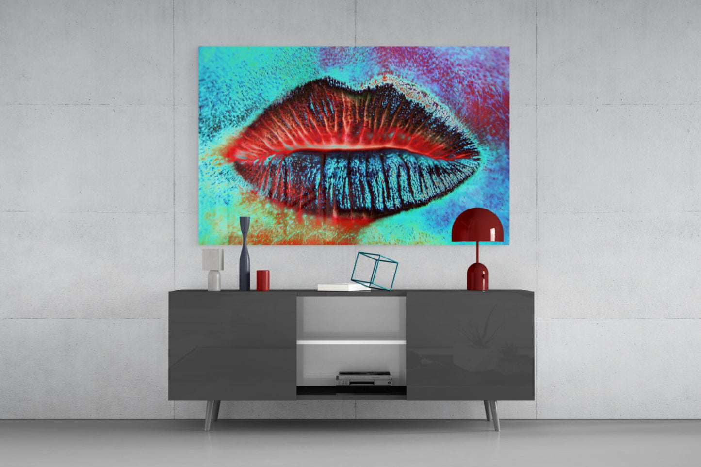 Turquoise Red Kiss Lips Glass Wall Art