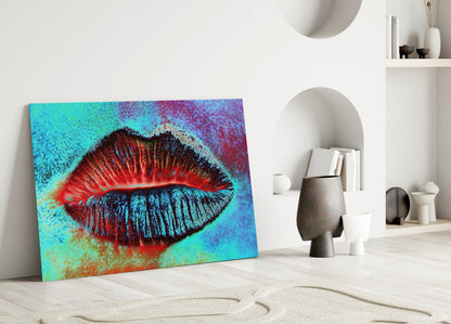 Turquoise Red Kiss Lips Glass Wall Art
