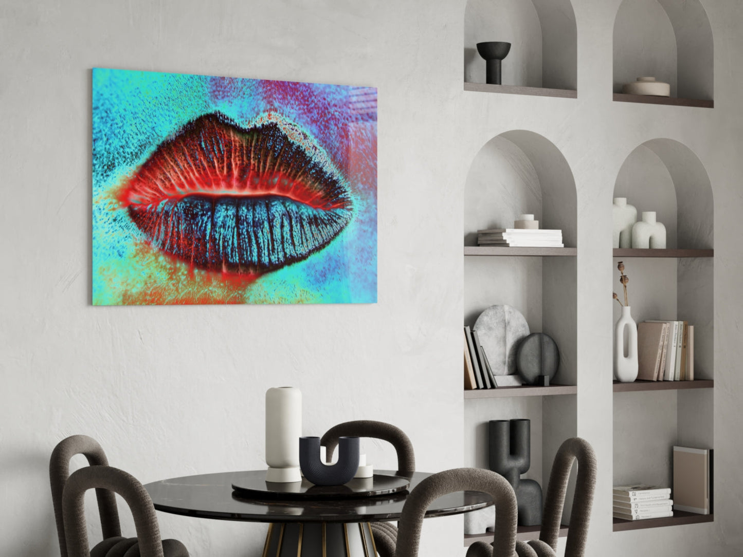 Turquoise Red Kiss Lips Glass Wall Art
