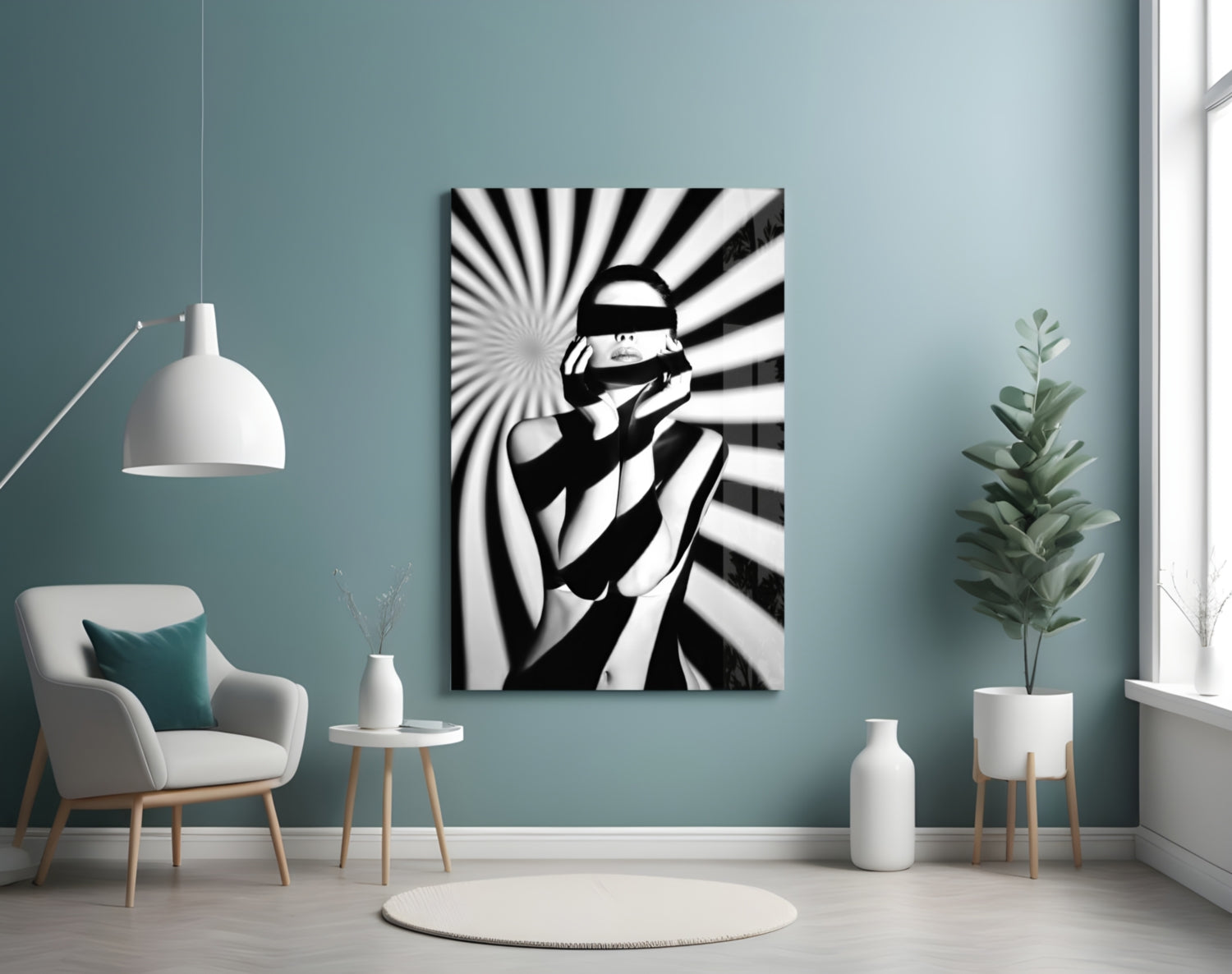 Black and white pop art style glass wall art depicting a figure with a censored face against radiating striped background, displayed in modern room setting.