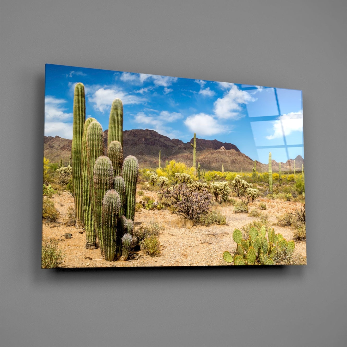 Glass wall art displaying a desert landscape with tall saguaro cacti, sandy terrain, and mountains under blue sky.