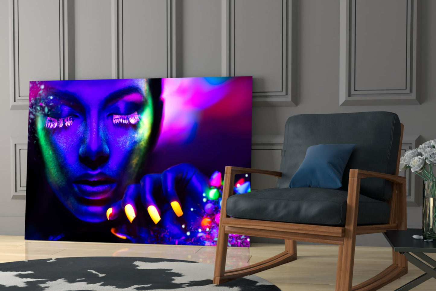Glowing Gems Purple Blacklight Woman Glass Wall Art