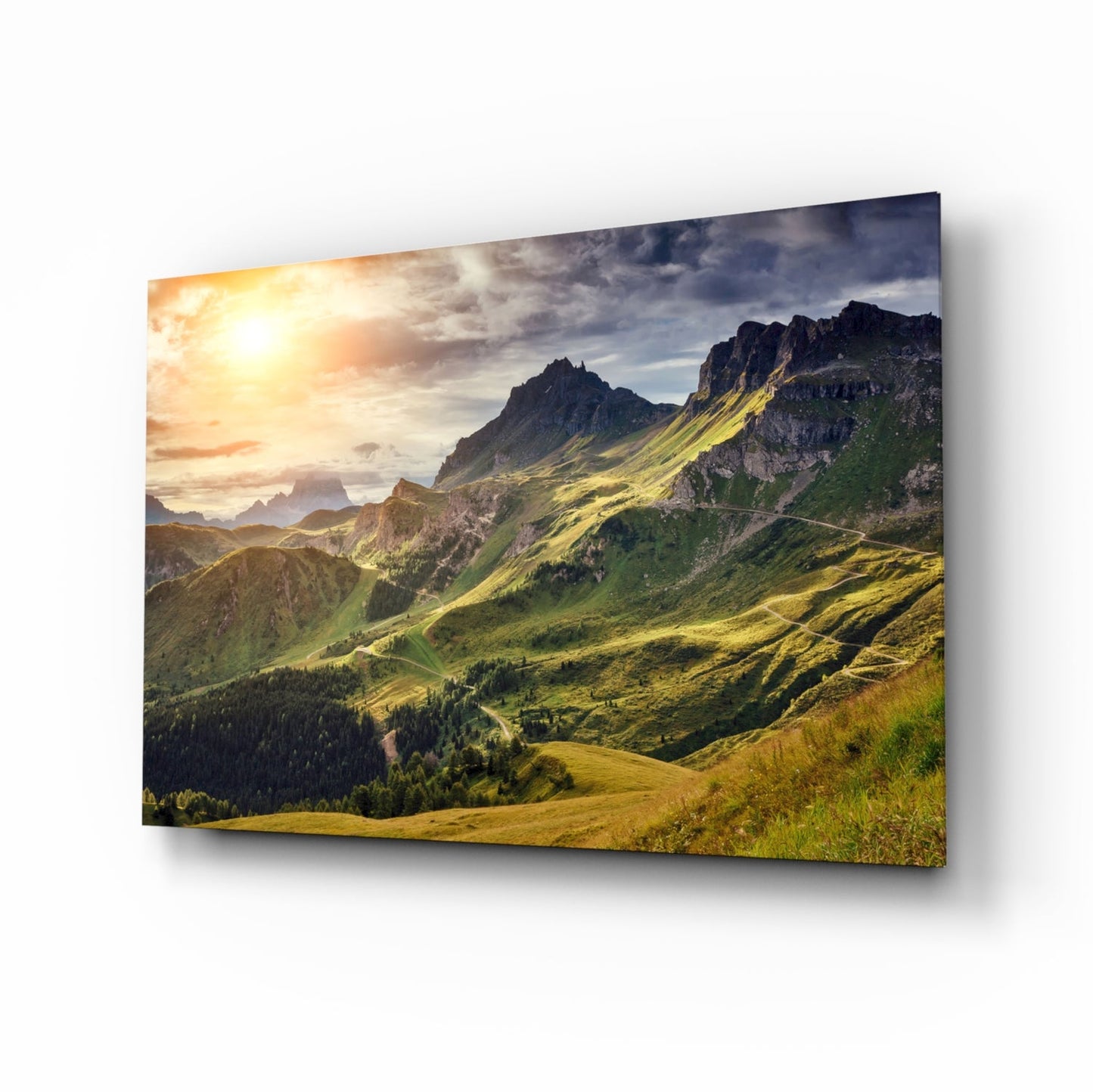 Sunlit Green Alpine Valley Ridge Glass Wall Art