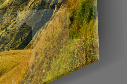 Sunlit Green Alpine Valley Ridge Glass Wall Art