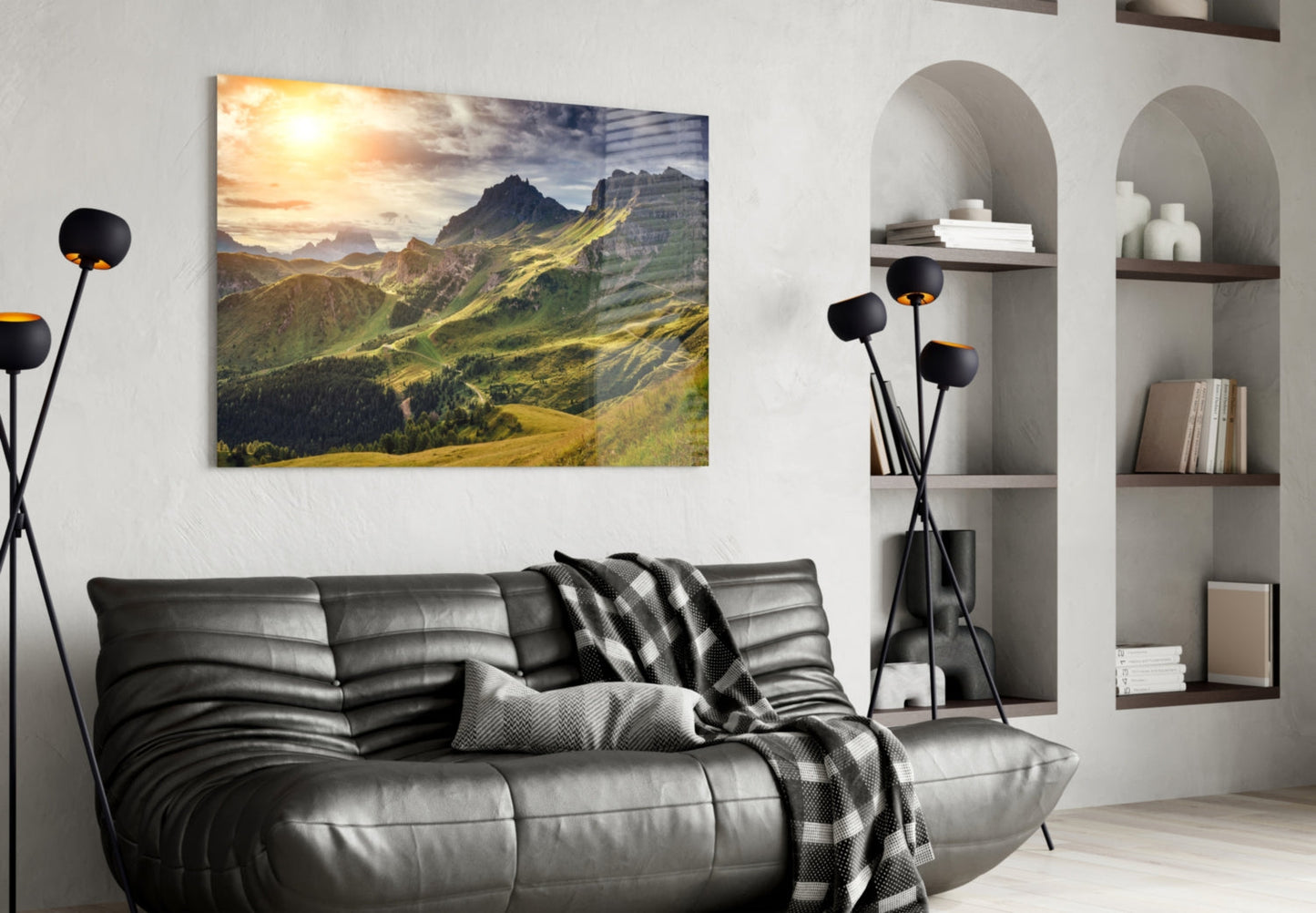 Sunlit Green Alpine Valley Ridge Glass Wall Art