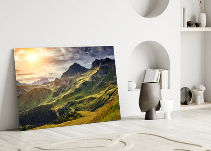 Sunlit Green Alpine Valley Ridge Glass Wall Art