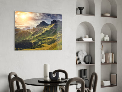 Sunlit Green Alpine Valley Ridge Glass Wall Art
