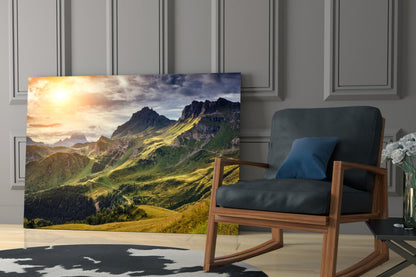 Sunlit Green Alpine Valley Ridge Glass Wall Art