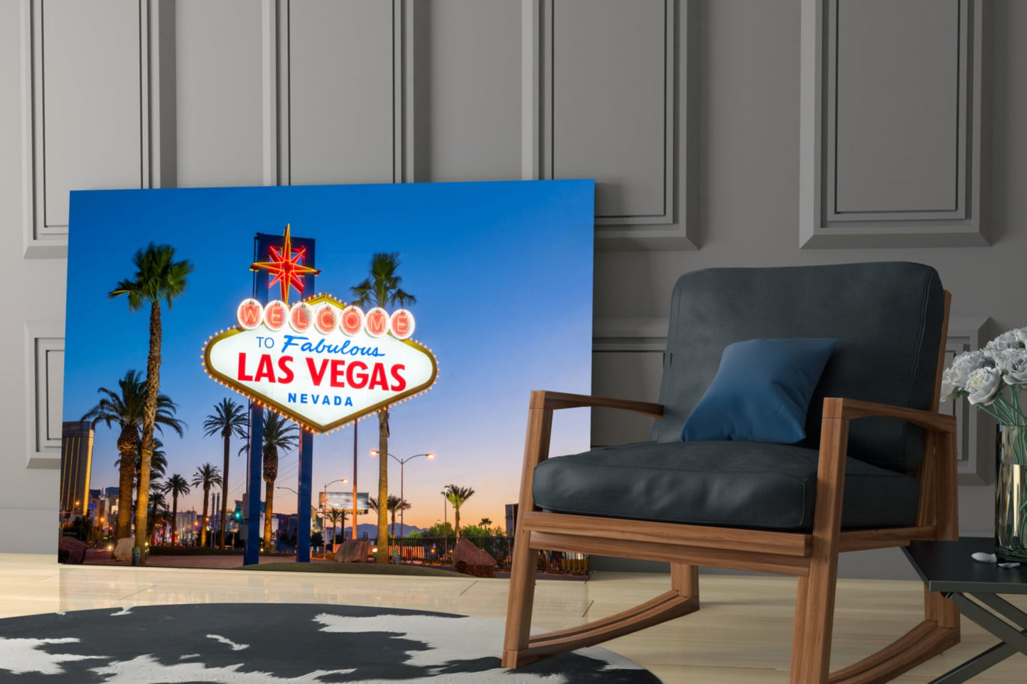 Vegas Glass Wall Art displaying the iconic "Welcome to Fabulous Las Vegas Nevada" sign with palm trees against blue sky, installed in modern living room.