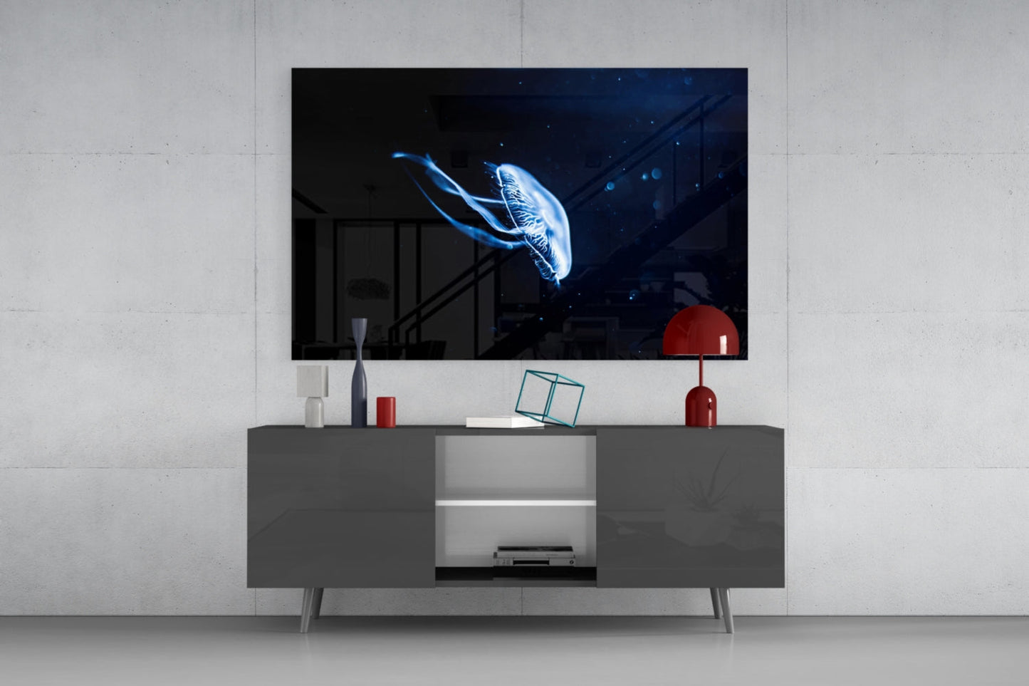 Solitary Blue Jellyfish Night Glass Wall Art