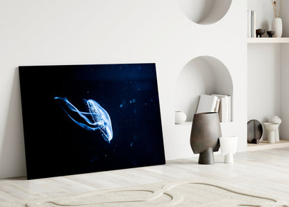 Solitary Blue Jellyfish Night Glass Wall Art