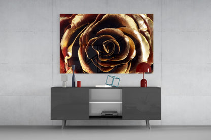 Golden Metallic Rose Glass Wall Art