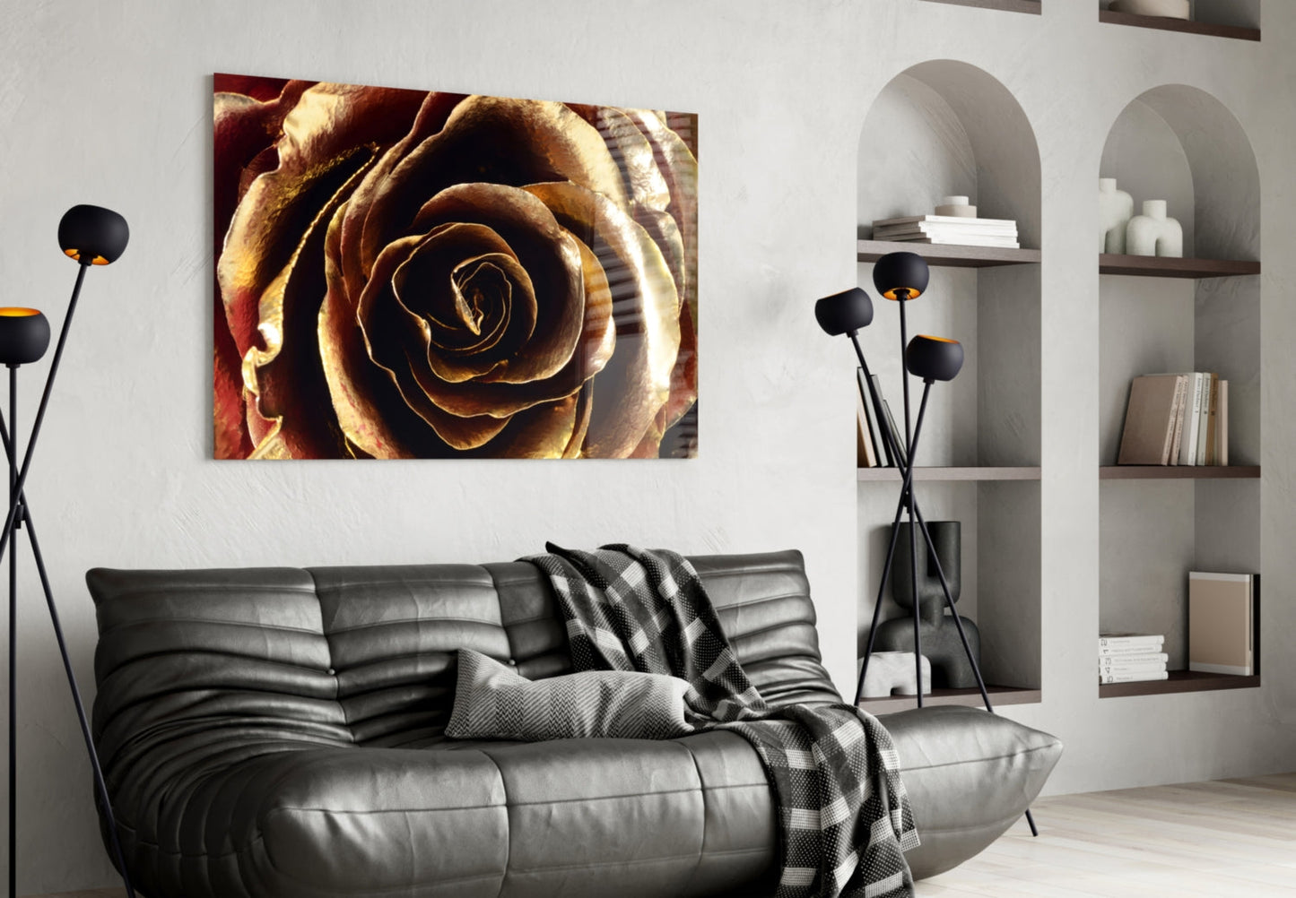 Golden Metallic Rose Glass Wall Art