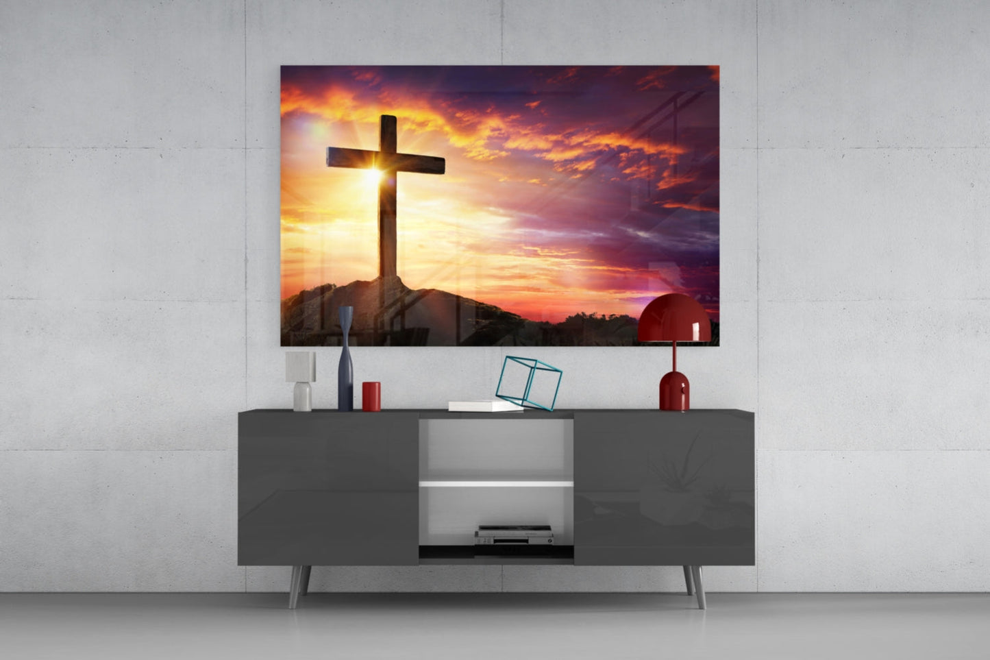 Golden Sunset Hilltop Cross Glass Wall Art