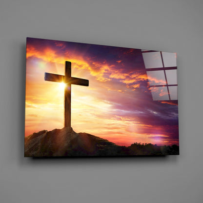 Golden Sunset Hilltop Cross Glass Wall Art