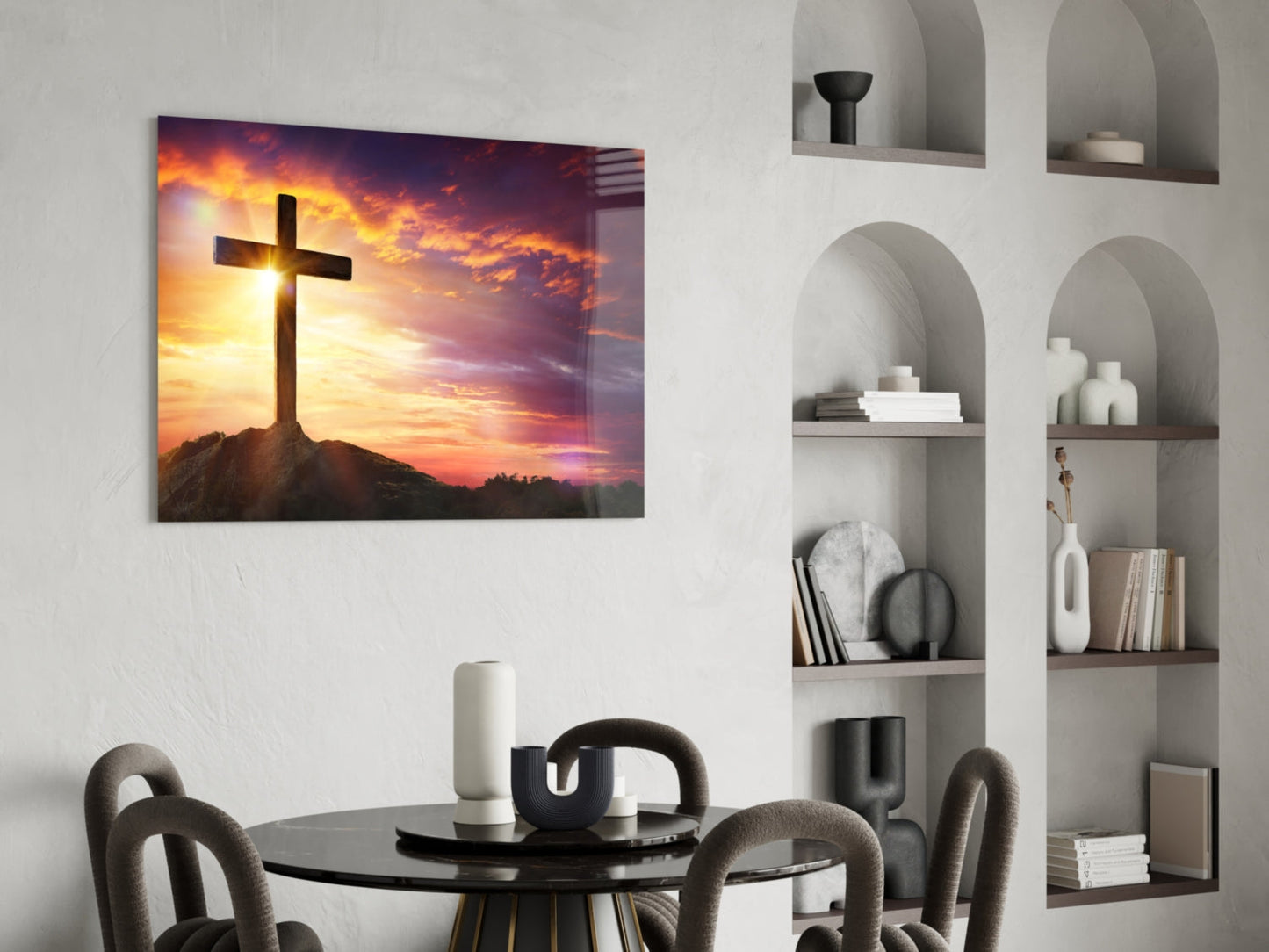 Golden Sunset Hilltop Cross Glass Wall Art