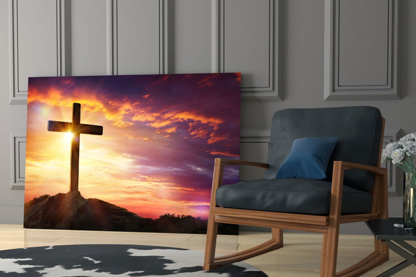 Golden Sunset Hilltop Cross Glass Wall Art