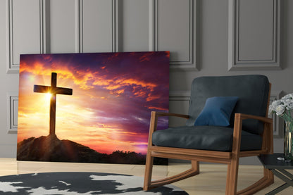 Golden Sunset Hilltop Cross Glass Wall Art