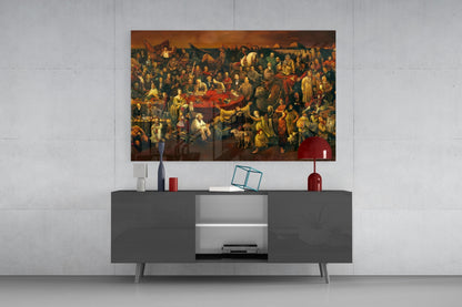 Glass wall art depicting a golden-toned historical crowd scene displayed above a dark gray media console with red and white decorative accessories.