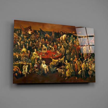 Glass wall art panel displaying a classical painting of a crowded historical scene with figures in period dress, ships, and warm earth tones, mounted at an angle against gray wall.