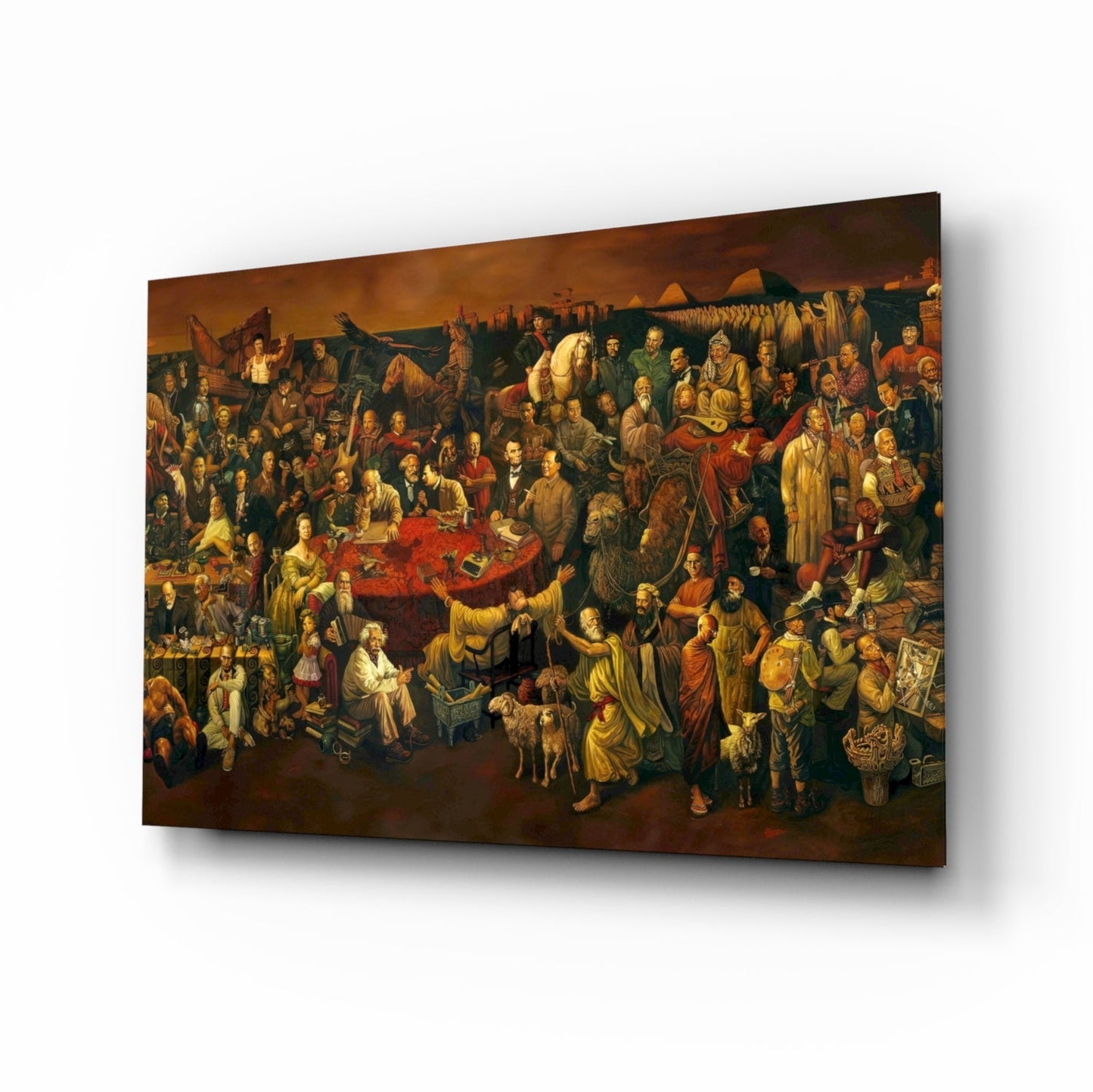 Glass wall art panel displayed at an angle showing a detailed golden-toned historical painting of numerous figures in period clothing gathered around a red-draped table.