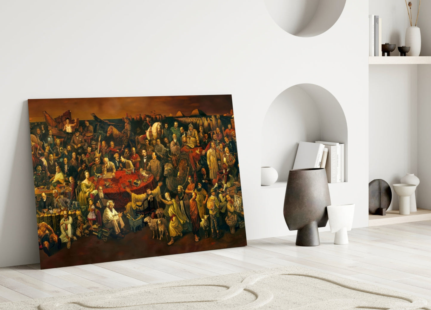 Historical painting depicting crowded Renaissance scene with golden and red tones, leaning against white wall beside modern ceramic vessels.