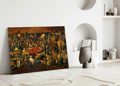 Historical painting depicting crowded Renaissance scene with golden and red tones, leaning against white wall beside modern ceramic vessels.