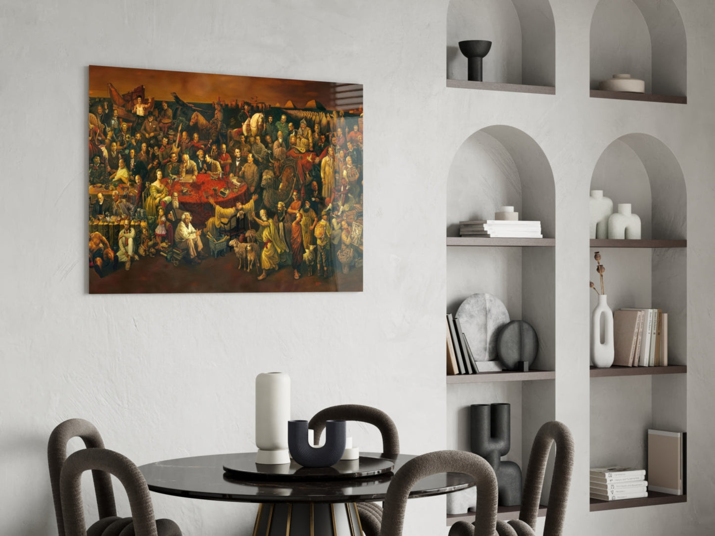 Golden-toned historical painting with crowds of figures displayed as wall art above a black round dining table with gray upholstered chairs.