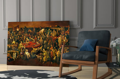 101 Famous People glass wall art displayed in modern living room beside wooden chair with blue cushion.