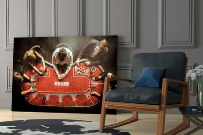 Glass wall art depicting overhead view of people around red poker table with cards and chips displayed in modern living room.