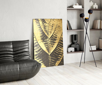 Gold Foil Leaf Veins on Charcoal Glass Wall Art