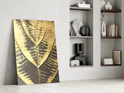 Gold Foil Leaf Veins on Charcoal Glass Wall Art