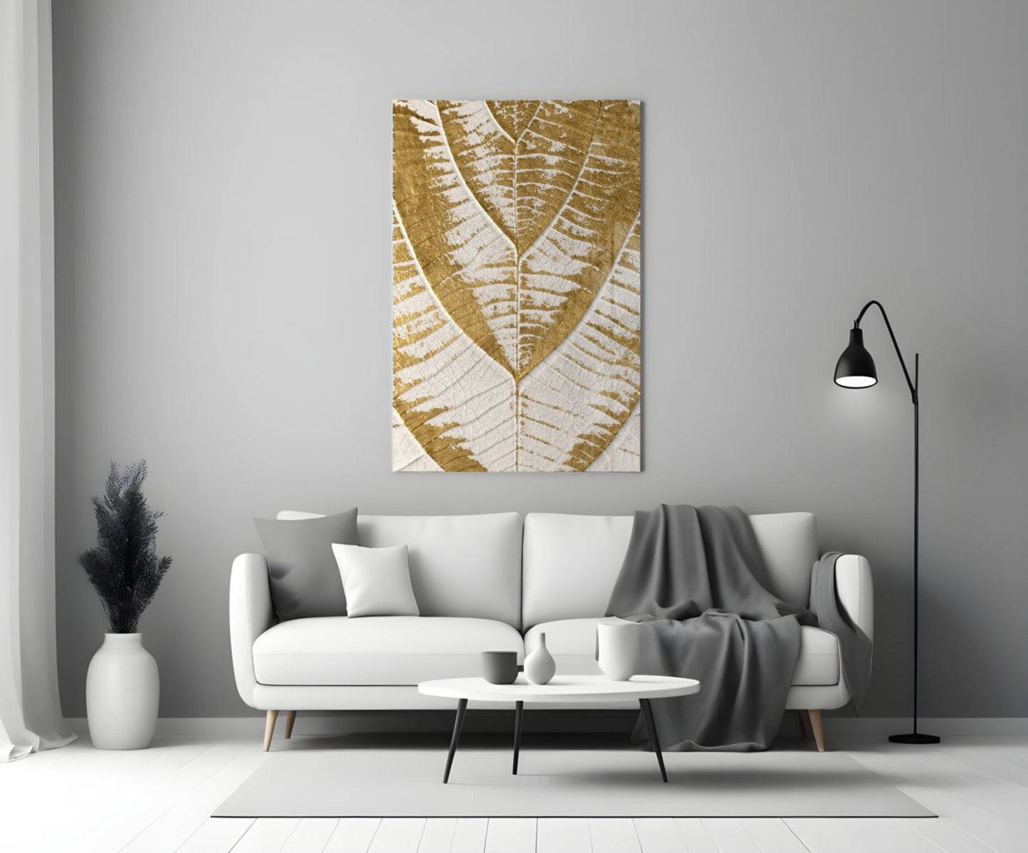 Golden Leaf Veins on Cream White Glass Wall Art
