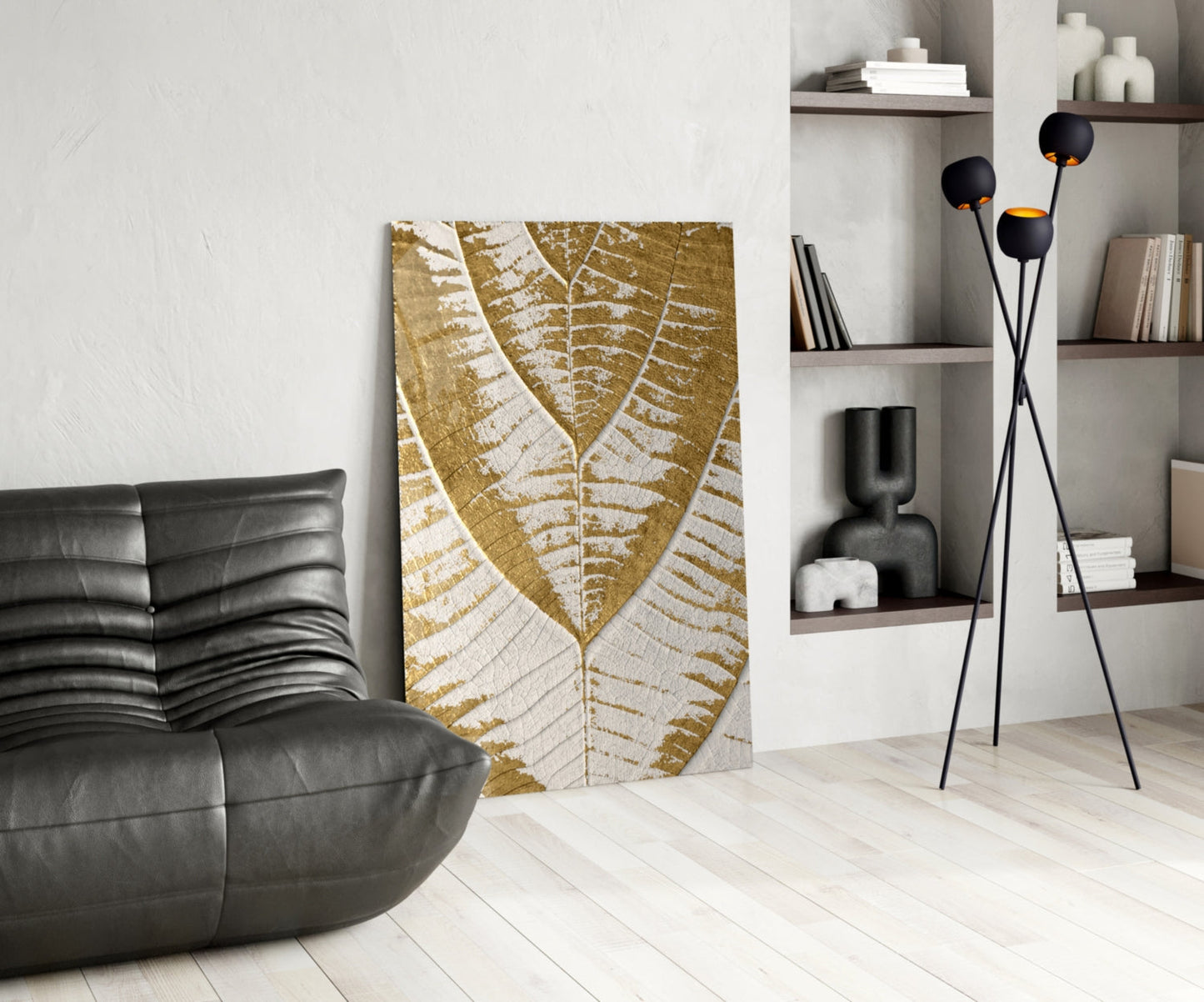 Golden Leaf Veins on Cream White Glass Wall Art