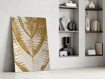 Golden Leaf Veins on Cream White Glass Wall Art