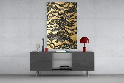 Black Marbled Ripple Golden Waves Glass Wall Art