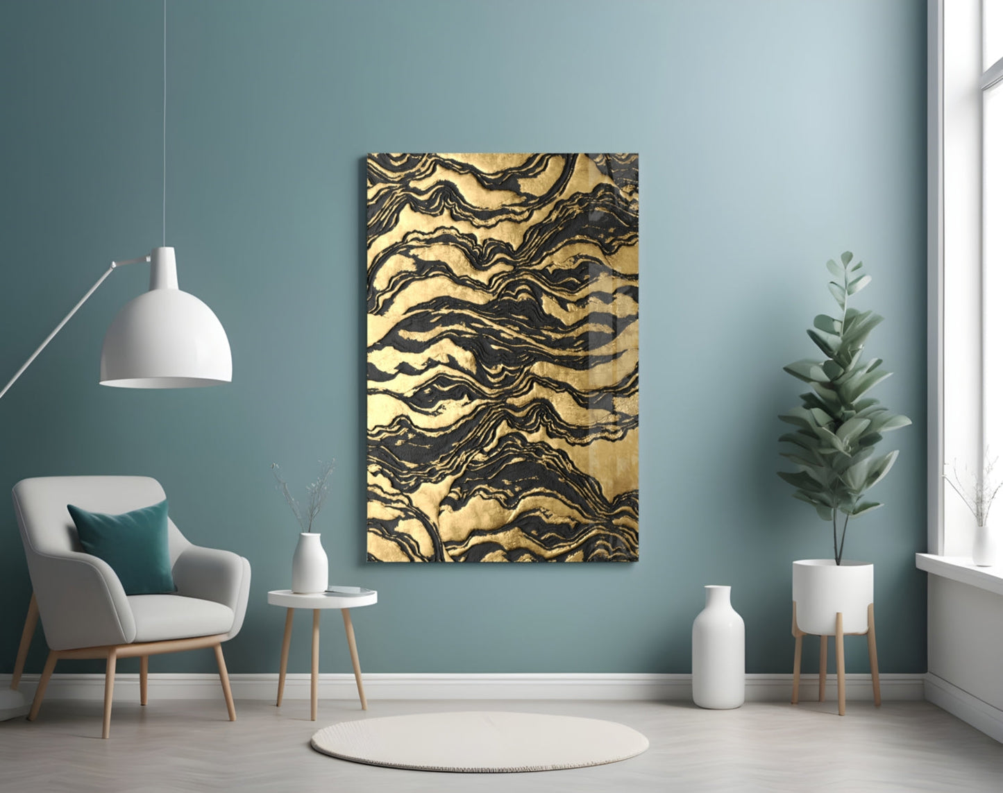 Black Marbled Ripple Golden Waves Glass Wall Art