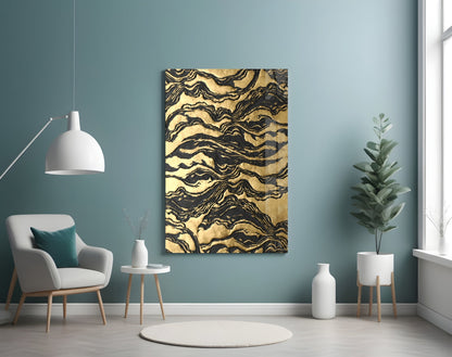 Black Marbled Ripple Golden Waves Glass Wall Art