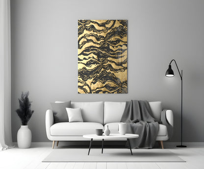 Black Marbled Ripple Golden Waves Glass Wall Art