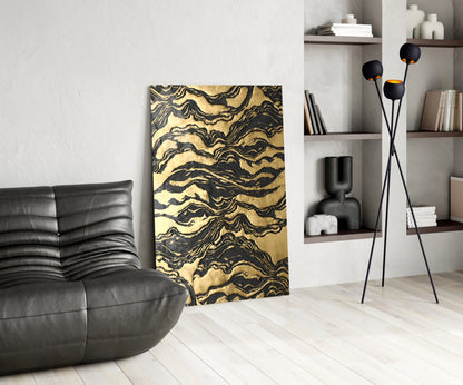 Black Marbled Ripple Golden Waves Glass Wall Art