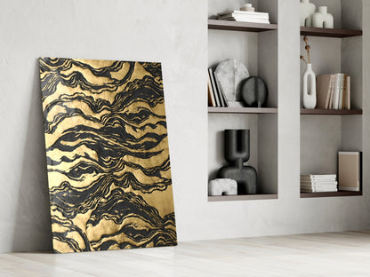 Black Marbled Ripple Golden Waves Glass Wall Art