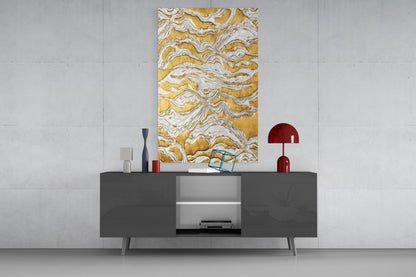 White Relief Ridges Golden Waves Glass Wall Art