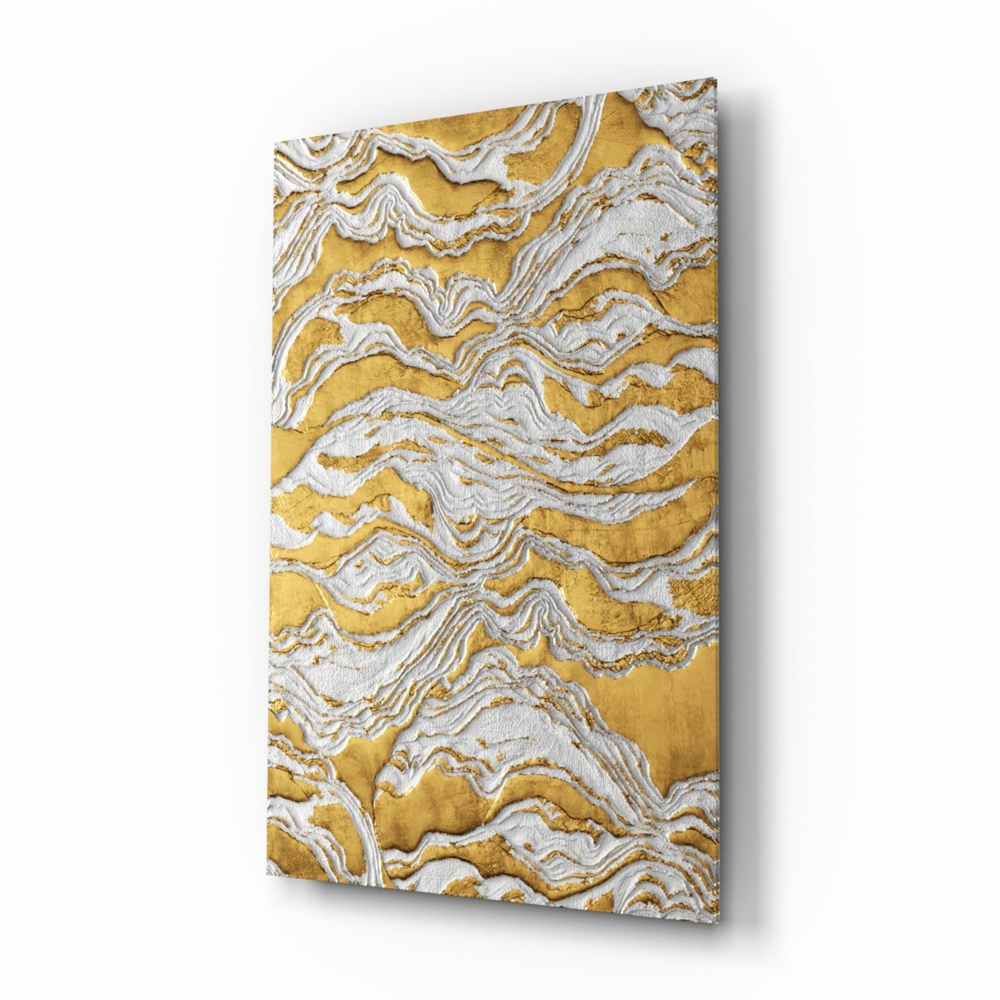 White Relief Ridges Golden Waves Glass Wall Art