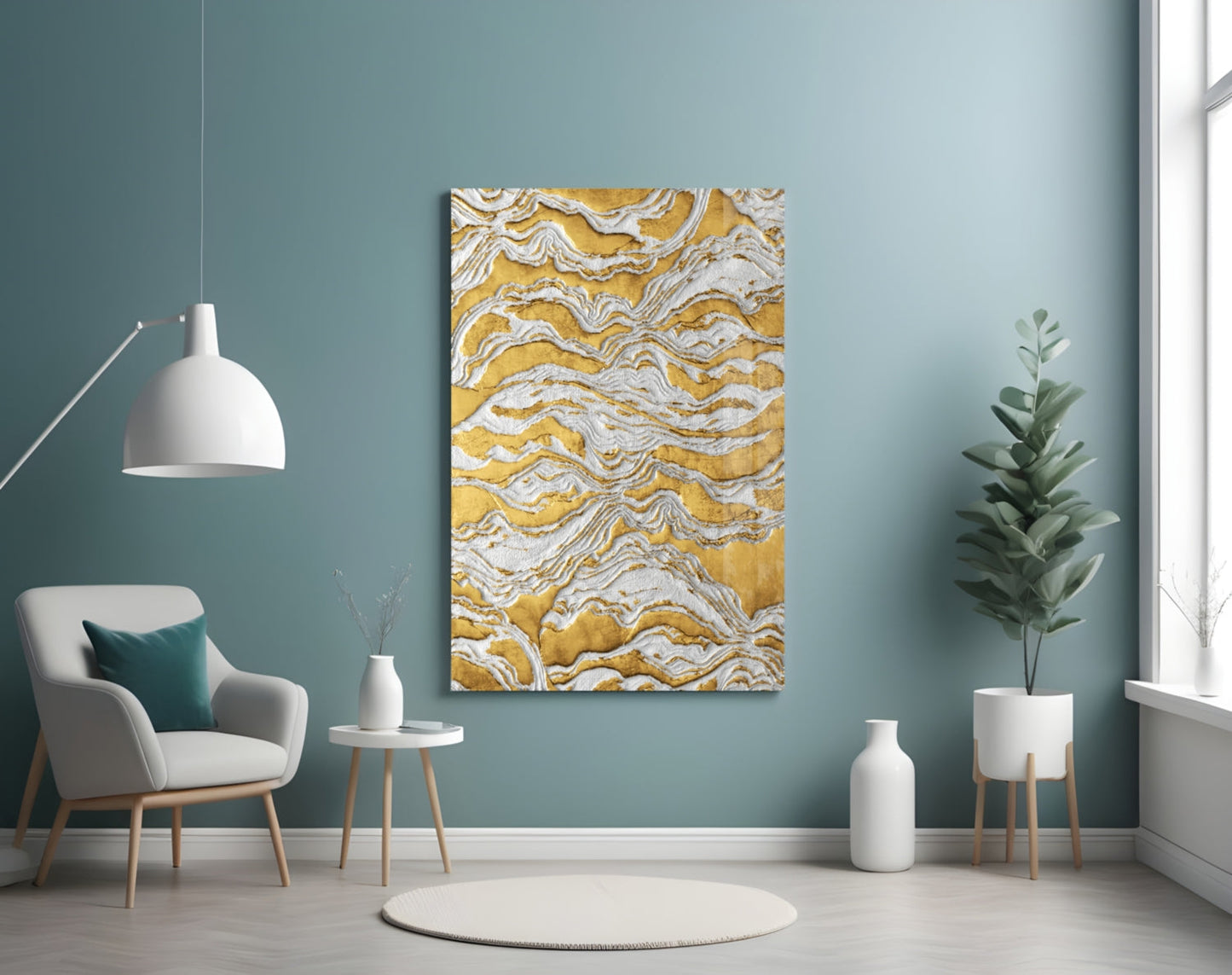 White Relief Ridges Golden Waves Glass Wall Art