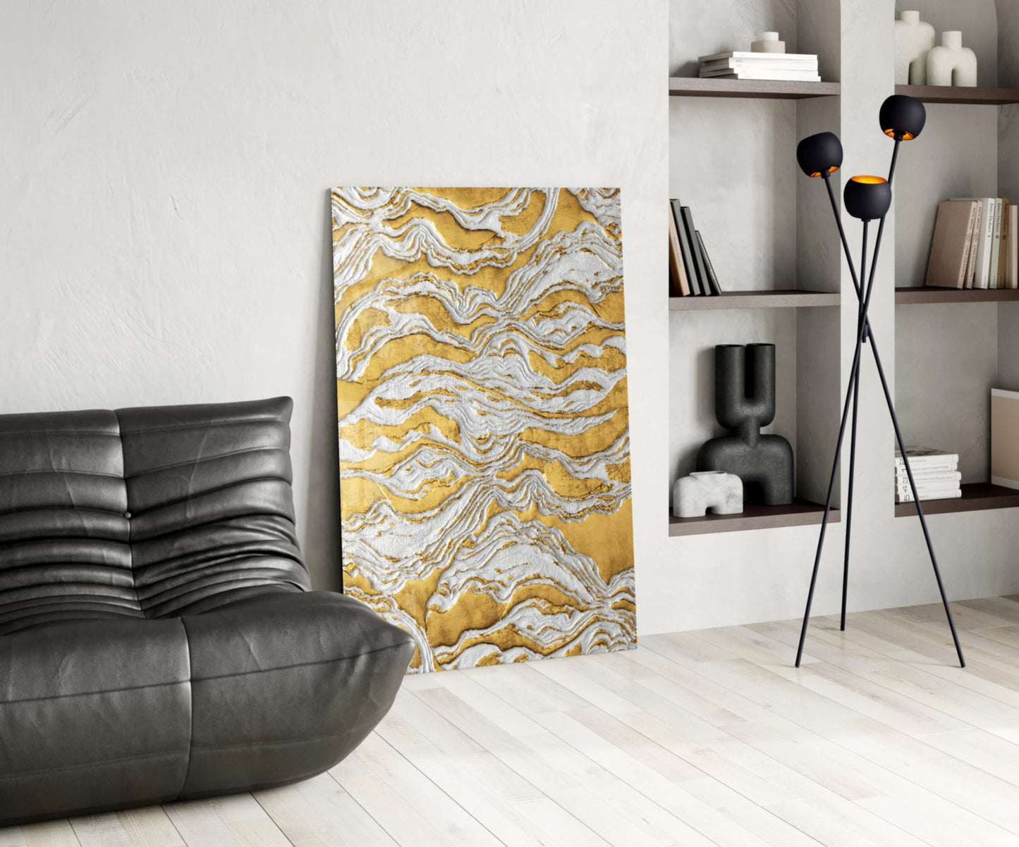 White Relief Ridges Golden Waves Glass Wall Art