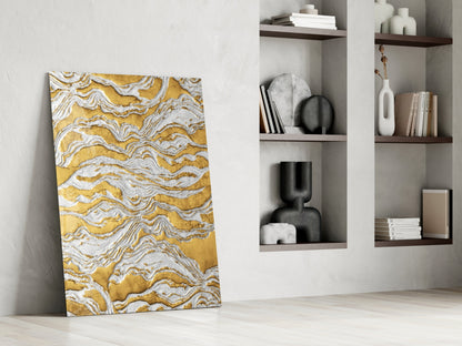 White Relief Ridges Golden Waves Glass Wall Art